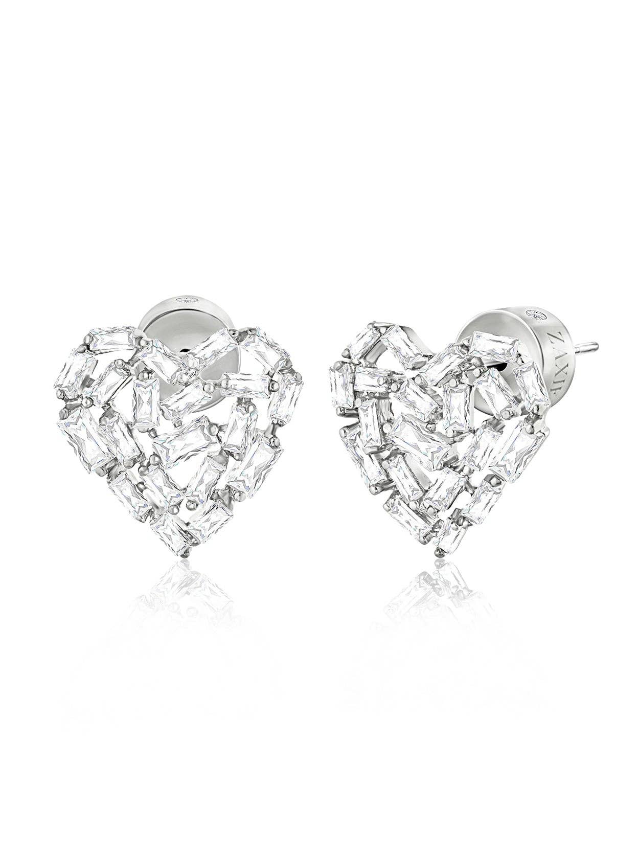 Baguette CZ Heart Stud Earrings