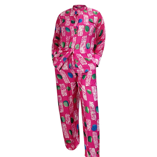 Print Silk/Chiffon Pant Set - Fuschia/Green/Blue