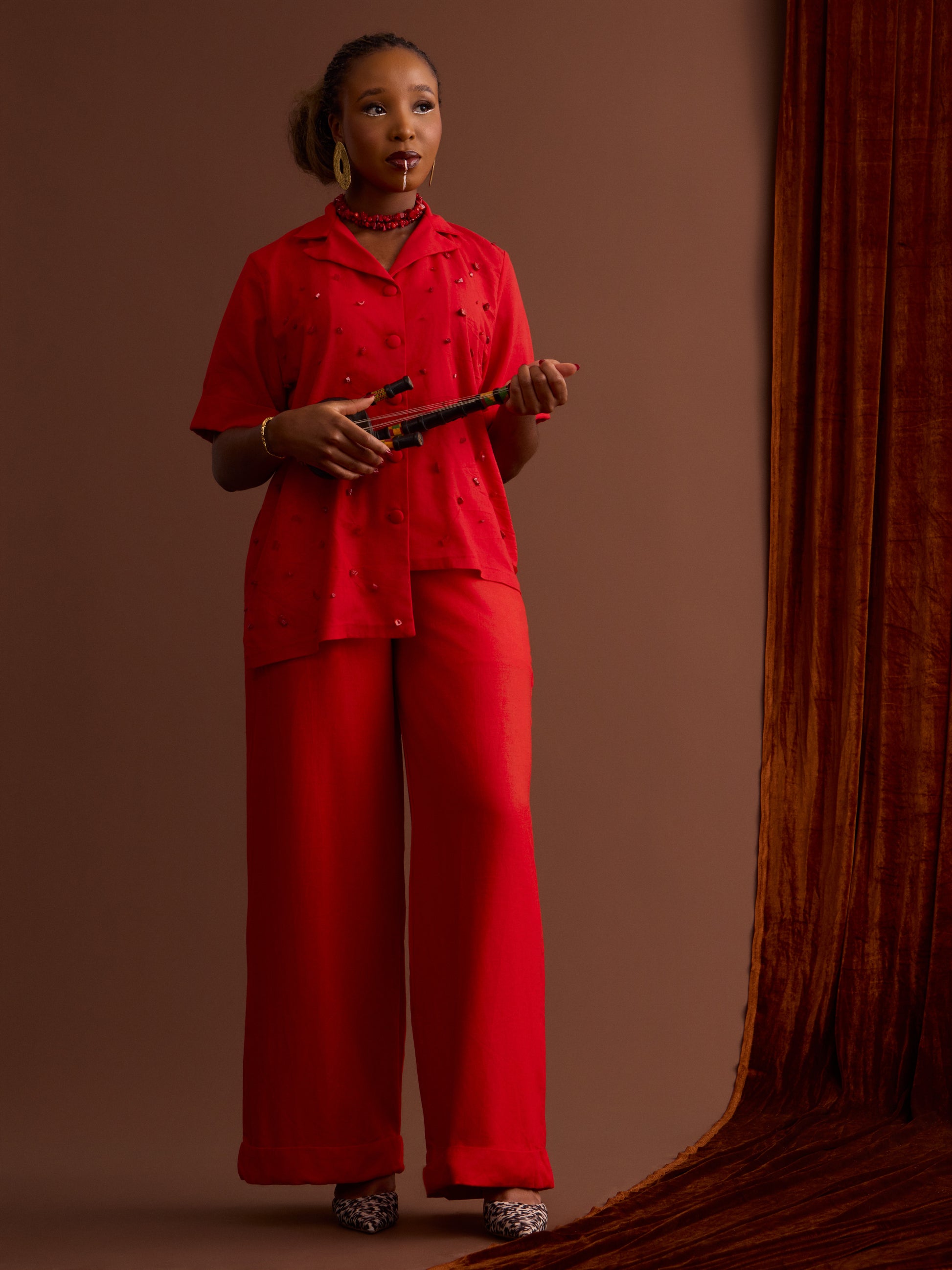 African print pant set coral beads
