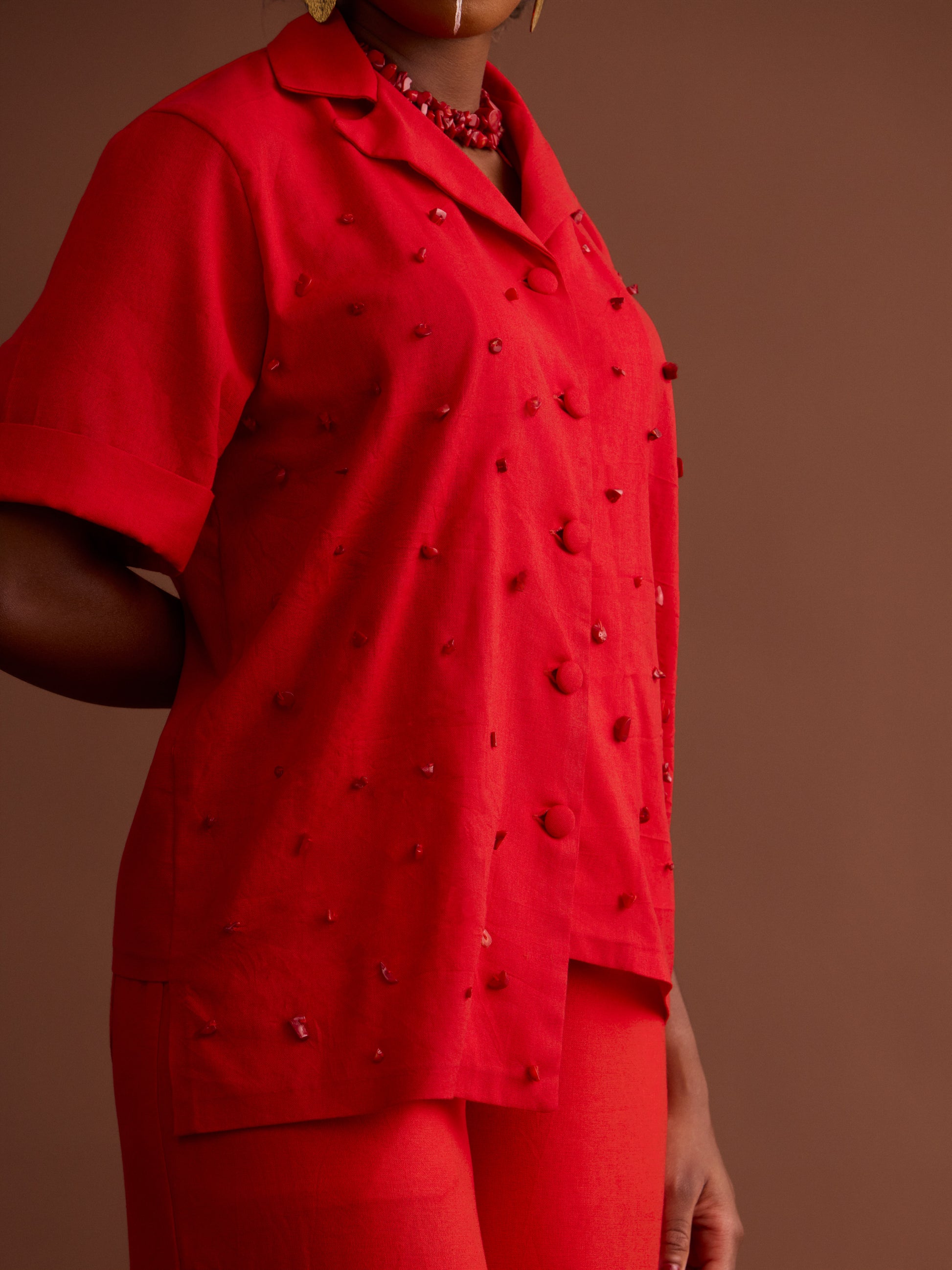 African print pant set coral beads