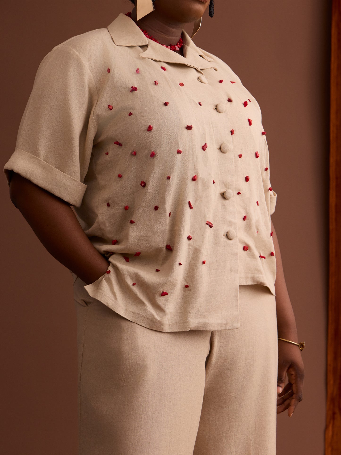 African print pant set coral beads