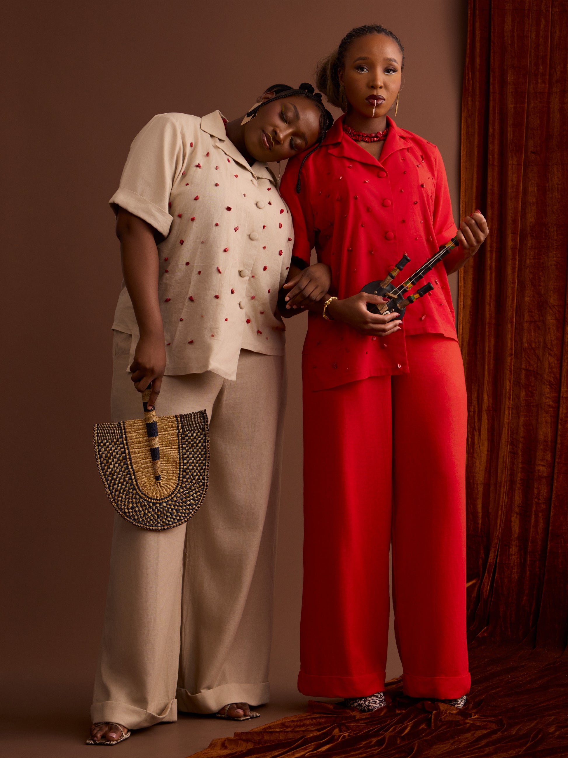 African print pant set coral beads