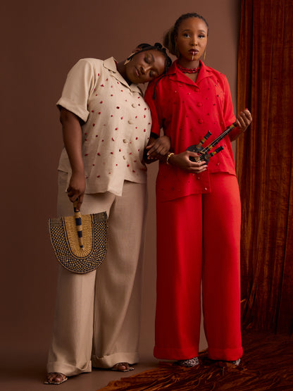 African print pant set coral beads