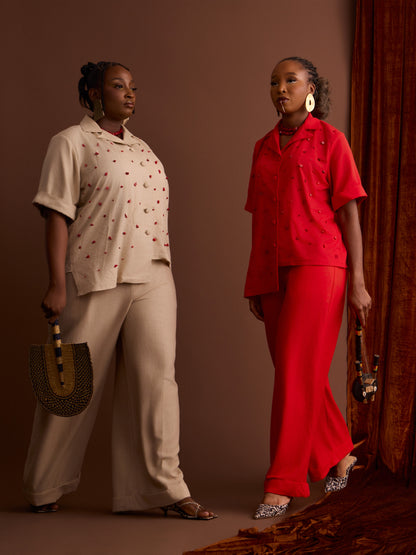 African print pant set coral beads