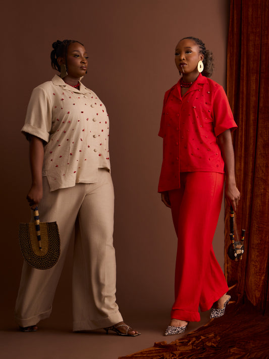 African print pant set coral beads