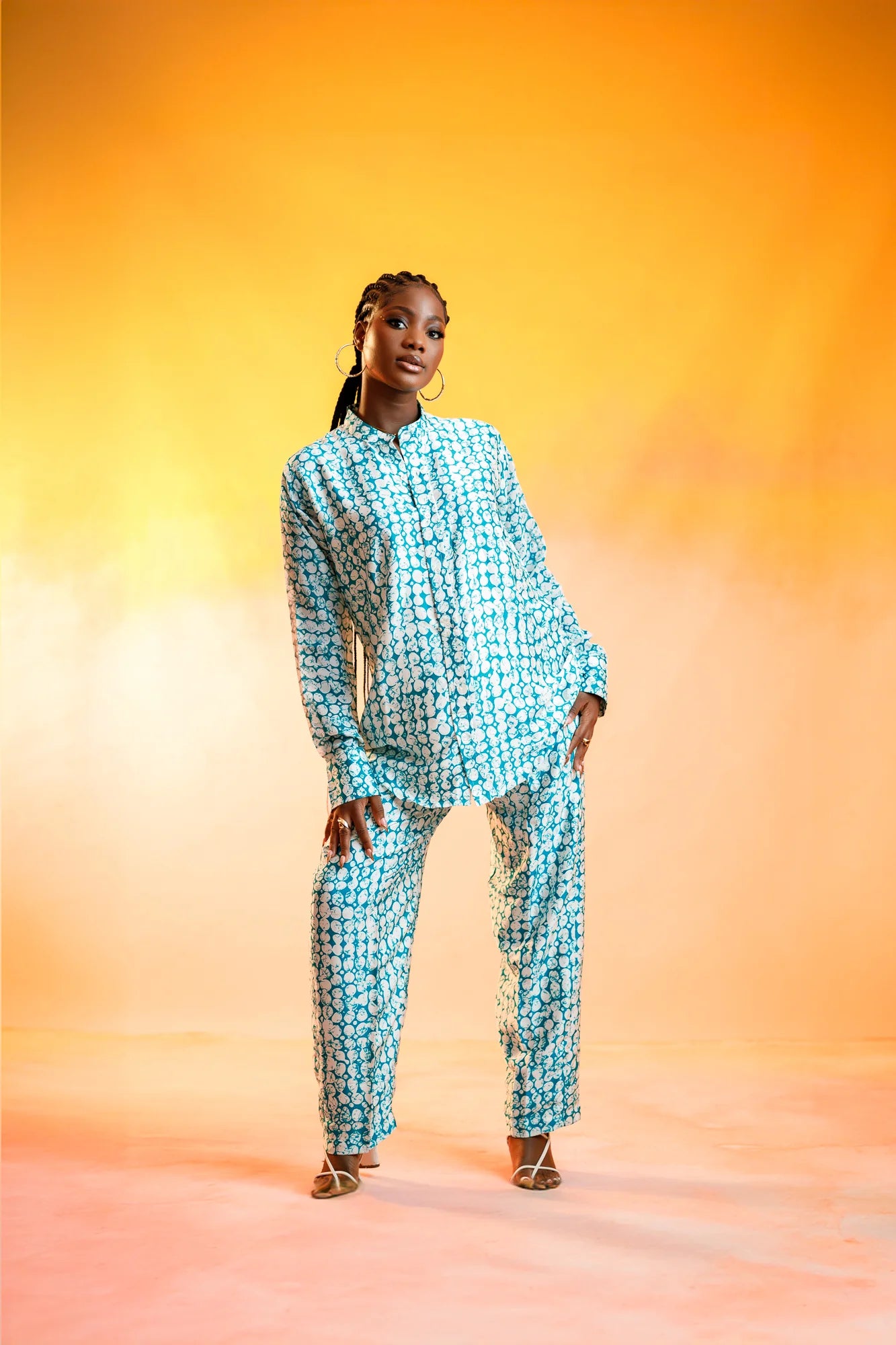 Print Silk / Chiffon Pant Set (Teal & White)