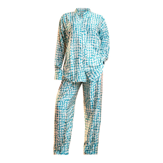 Print Silk / Chiffon Pant Set (Teal & White)